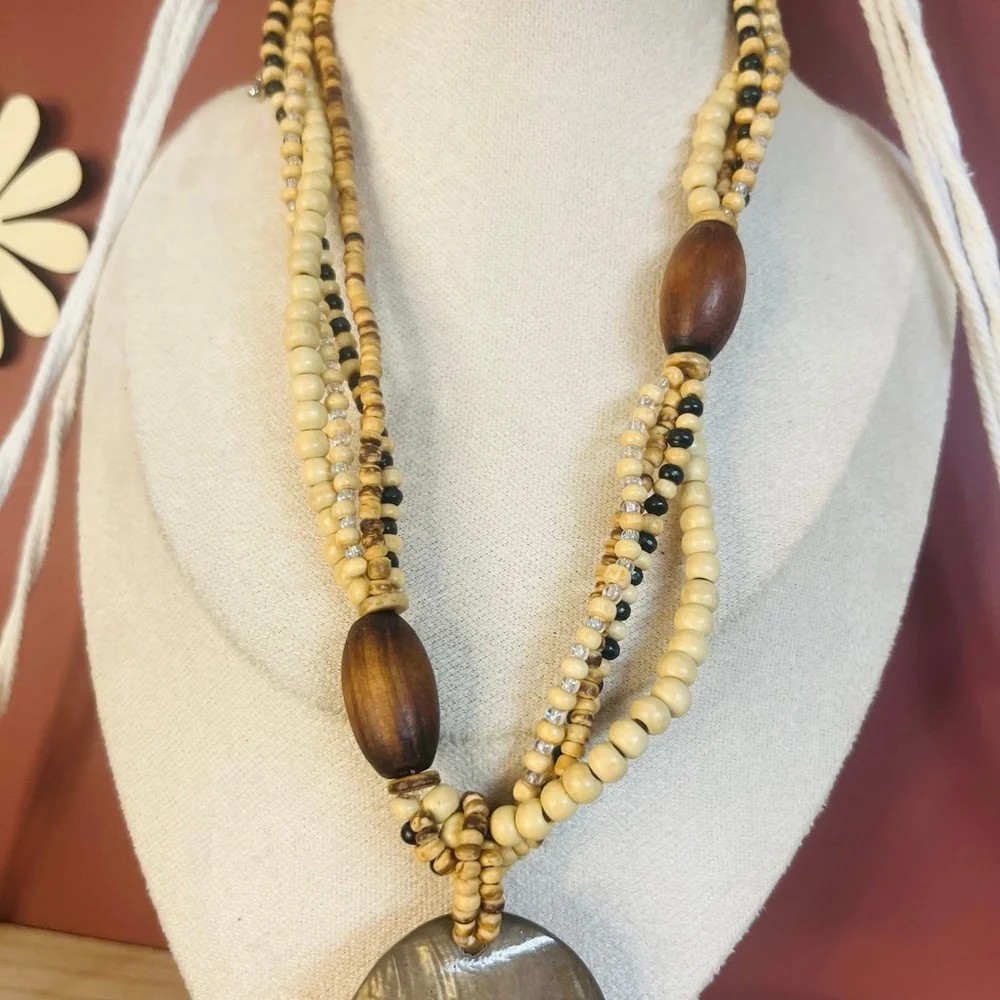 Natural Stone Beaded Necklace with Polished Shell Pendant | Boho Earthy Eclectic